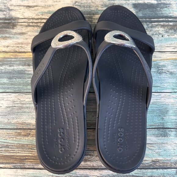 Crocs Sanrah Slide Sandal Womens Sz 11 Black Rubber Wedge Slip On Comfort Casual - Picture 5 of 11
